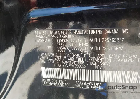 2015 Toyota Rav4 Le from USA, damaged, VIN 2T3BFREV6FW296033